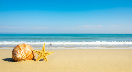 Obraz premium Summer, Vacation, Holiday, Seashell and Starfish on Sandy Beach with Ocean View
