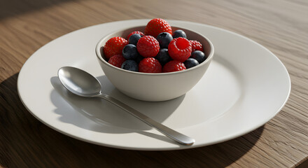 Fresh Berries in Bowl Beside Spoon and Plate PNG