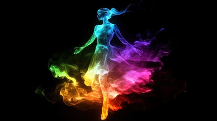 Ethereal dancer silhouette formed from vibrant, flowing rainbow smoke patterns