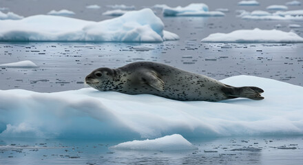 Iceberg, Ocean, Water, Leopard Seal Resting on Ice Floe in Antarctica
