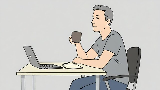 Illustration of man working on laptop and drinking coffee at desk