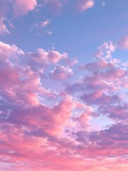 Fototapeta premium Serene Evening Sky with Vibrant Pink and Purple Clouds Illuminated by Soft Sunset Light, Captivating Nature Scene for Peaceful Atmosphere