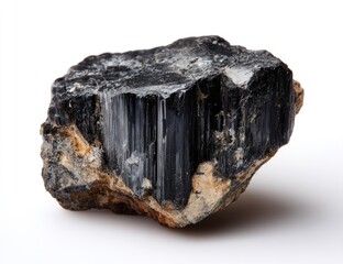 Dark, rough, mineral specimen.  Displays a cluster of  black,  needle-like crystals,  embedded in a light-gray matrix