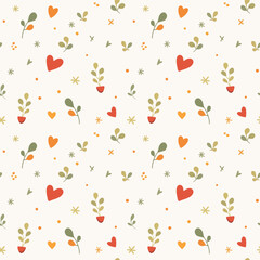 This image a lovely pattern filled with small decorative elements, including hearts, plants, and dots. The color palette features greens, reds, and oranges, contributing to a fresh and vibrant look.
