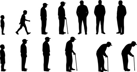 Vector silhouette of man in different age on white background. Symbol of generation from child to old person.
