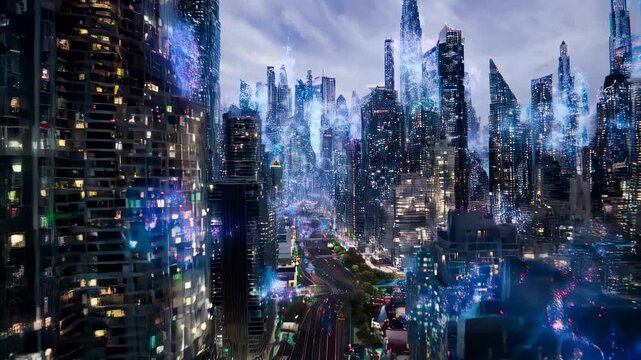 Futuristic cityscape night skyline with dynamic light trails and highrise architecture