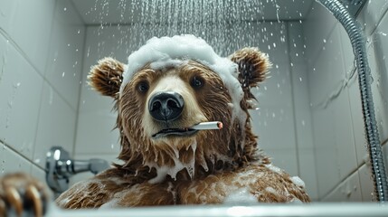 humorous scene of a bear taking a shower with soap foam  on its head and with a cigarette in his teeth. The scene is playful and whimsical, giving the bear a human like quality and adding a touch of h