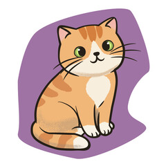 A ginger tabby cat with bright green eyes is sitting and looking forward with a sweet expression. The cat has white paws, chest, and around its mouth. It features stripes on its body, head, and tail.