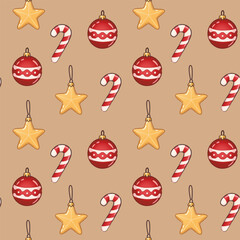 Christmas seamless pattern with hand-drawn Christmas balls, candy  and stars. Festive background with traditional holiday ornaments. 