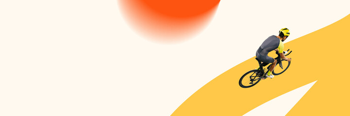 Banner. Contemporary art collage. Cyclist in grey and yellow rides along wide yellow path with orange sunburst element. Concept of summer motion, freedom, road cycling, energy. Copy space.