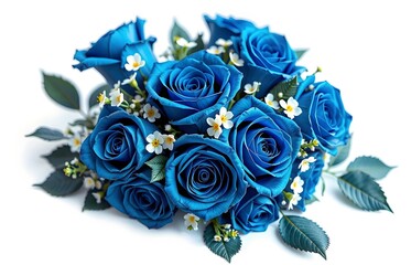 A vibrant bouquet of blue roses accented with small white  and  yellow flowers and green leaves. 