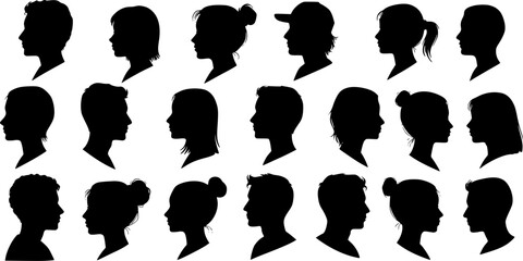 Vector silhouette of set of profile face of different people.
