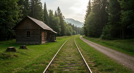 Fototapeta premium Wooden cabin, Railroad tracks, Train tracks, Rustic Log Cabin Beside a Forest Railway