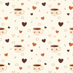 Abstract geometric pattern composed of repeating coffee mugs and heart shapes in a harmonious arrangement of brown, beige, and white hues.