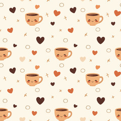 A seamless pattern of cute coffee cups with happy faces in various colors and sizes. The cups are filled with coffee and have a glossy finish. The background is a light cream color. This pattern is pe
