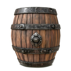 Obraz premium Rustic wooden barrel with metal bands and decorative emblem, perfect for storage or decoration in vintage setting. Its weathered appearance adds character and charm