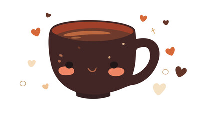  a dark brown mug filled with a dark brown liquid, likely coffee or hot chocolate. The mug has a simple, rounded design with a small handle on the right side. 