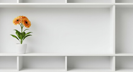 Gerbera daisy, Daisy, Orange flower, Orange Gerbera Daisies in White Pot on White Shelf