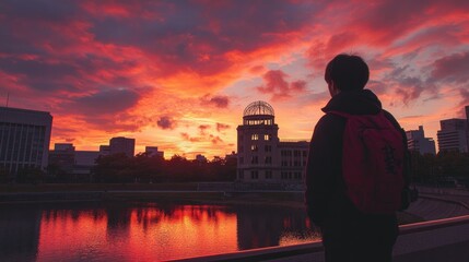 Fototapeta premium A person gazes at a fiery sunset over a city, reflecting in a calm lake, with a historical landmark in the background