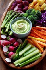 Healthy vegan snack board with avocado dip and raw vegetables
