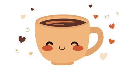 A light brown mug filled with a coffee or hot chocolate. It features a charming face with two black, curved eyes, a small, smiling mouth, and rosy cheeks.