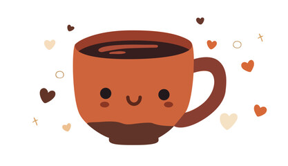 A vector illustration of a cute, coffee cup with a smiling face, surrounded by hearts. The cup is light orange in color with a dark brown liquid inside. The face has rosy cheeks, closed eyes.