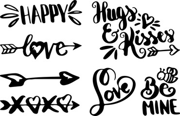 Romantic Valentine’s Day vector lettering set with love-themed quotes, arrows, hearts, and decorative hand-drawn black silhouettes.

