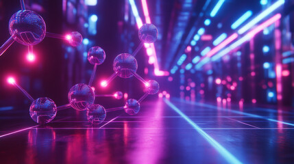Neon-lit 3D model of molecules symbolizing futuristic science applications