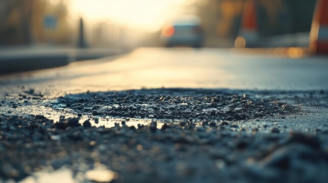 Fresh asphalt patch on road surface, close-up view at sunset.  Rough texture and small puddles visible