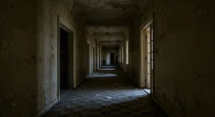 Corridor, Dilapidated, Derelict, Abandoned Hallway in Decaying Building
