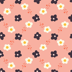Features cute flat design flowers: white daisy-like blossoms with yellow centers on orange stems, alternating with minimalist dark purple flowers on a pastel pink background. illustration.