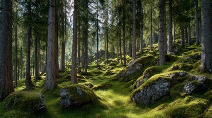 Serene Forest Landscape with Tall Trees and Lush Green Moss Covering Rocks in Bright Natural Light