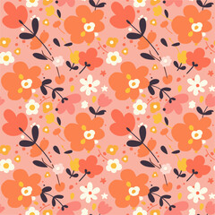 This seamless vector pattern features whimsical stylized flowers in orange, yellow, and white on a dark red background. Rounded petals, delicate stems with tiny leaves, and small white berries add to 