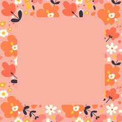 This charming floral frame features stylized orange, pink, and white flowers with dark blue leaves on a light pink background. Perfect for adding a cheerful touch to any project.