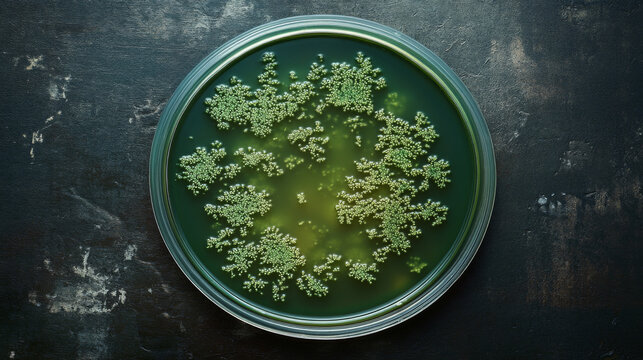 Petri dish containing E. coli bacterial colonies in a microbiology setting