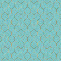 Fototapeta premium A minimalist yet sophisticated pattern of interconnected gold hexagons against a calming turquoise background. This contemporary design is ideal for creating a sense of luxury and refinement.