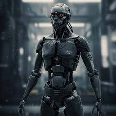 Fototapeta premium Futuristic humanoid robot with glowing red eyes illustration