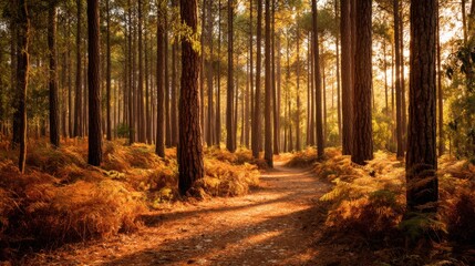 Naklejka premium Serene Pathway Through a Lush Forest During Golden Hour Radiating Warm Light and Natural Beauty of Tall Trees