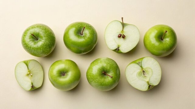 Arranging fresh green apples clean beige background flat lay composition natural setting top view minimalistic concept for optimal aesthetics