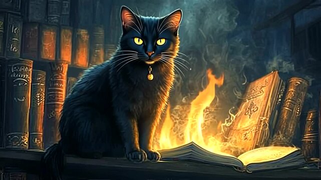 A mysterious black cat with glowing eyes sits on a bookshelf next to an open book, surrounded by ancient tomes and flickering flames