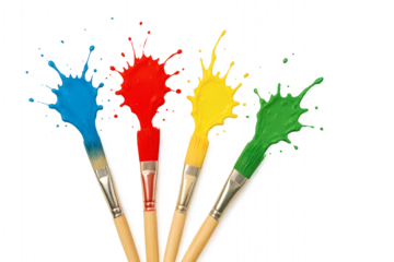 Paintbrushes with Color Splashes Arranged in a Line on Transparent Background