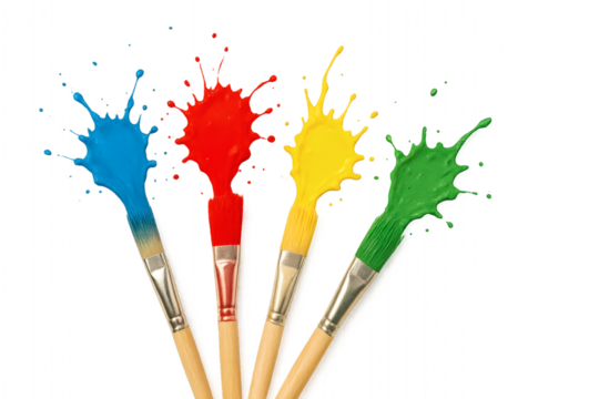 Paintbrushes with Color Splashes Arranged in a Line on Transparent Background