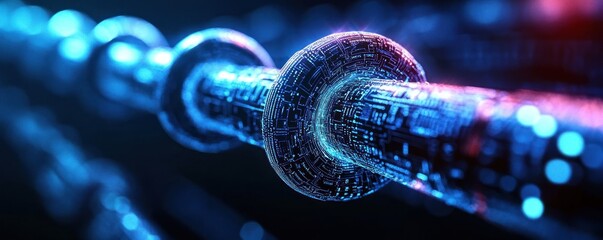 Close-up view of glowing blue and purple digital fiber optic cables with circuit-like patterns representing data transmission in a futuristic setting