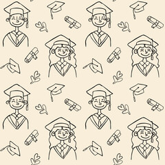 Seamless pattern of hand-drawn graduates. Includes illustrations of a happy graduate, graduation cap, diploma, and laurel leaves. Perfect for educational or celebratory designs.