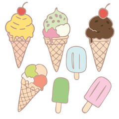 A digital illustration of a variety of frozen treats, including ice cream cones and popsicles, in various colors and flavors. 