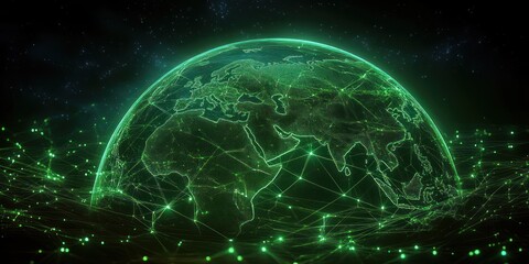 Digital green glowing earth model with interconnected network lines and data points representing global connectivity and technology