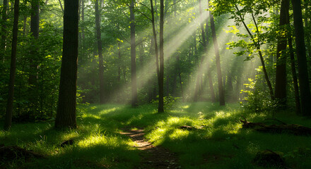 Obraz premium Sunlight, Trees, Woods, Sunbeams in the Forest