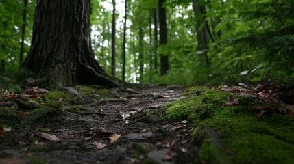 Naklejka premium Lush Green Forest Path with Moss and Tree Roots Surrounded by Verdant Foliage in a Tranquil Nature Scene