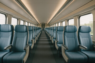 Empty Train Seats in Railway Carriage with Soft Natural Light Perspective for Modern Travel and Transportation Concepts