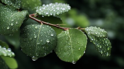 Fresh Green Leaves with Water Drops Glimmering in Natural Light after Rain, Close-Up View of Nature's Beauty and Refreshment